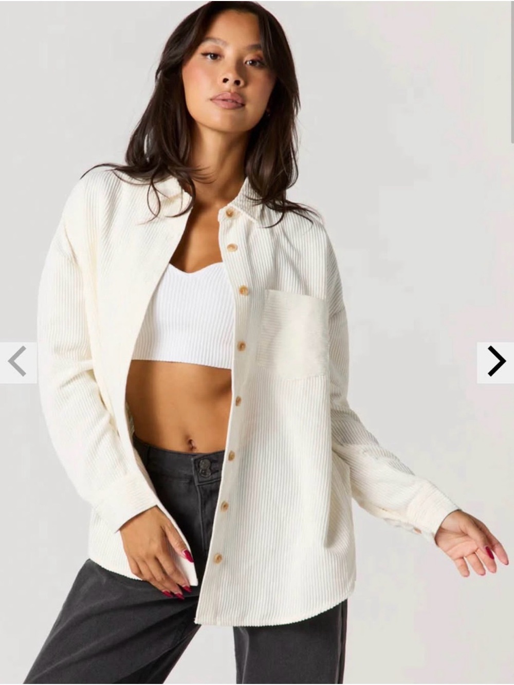 Cream Button-Front Corduroy Shacket